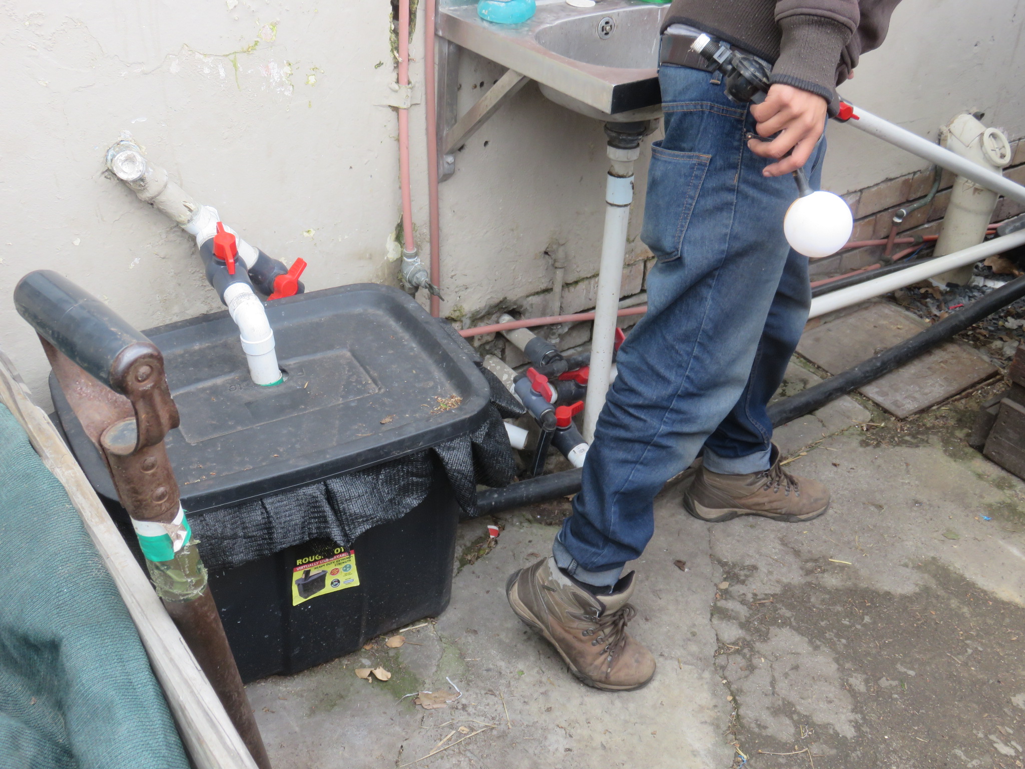 kitchen sink outflow into worm bin with diversion into waste water if needed. Worm bin lead into surge tank.