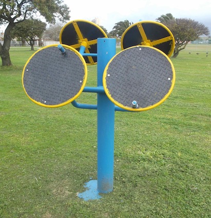 this curious contraption is an exercise machine in the Alice street park outdoor gym, free entry and often used