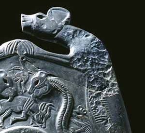 One of two African wild dogs encircling a five thousand year old Egyptian palette.