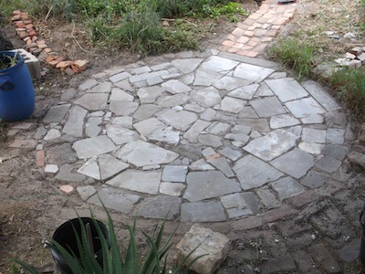 concrete shatter garden paving, brick paths being built