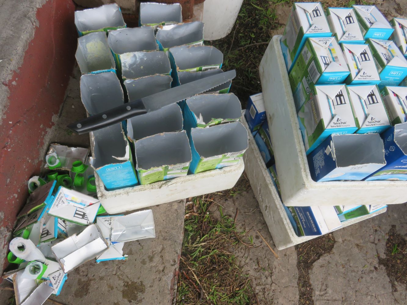 De-capping the milk cartons. They have a waxed cardboard exterior and a plastic and foil lining.